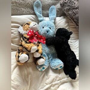 Plush Trio: Blue Bunny, Striped Tiger & Black Cat Stuffed